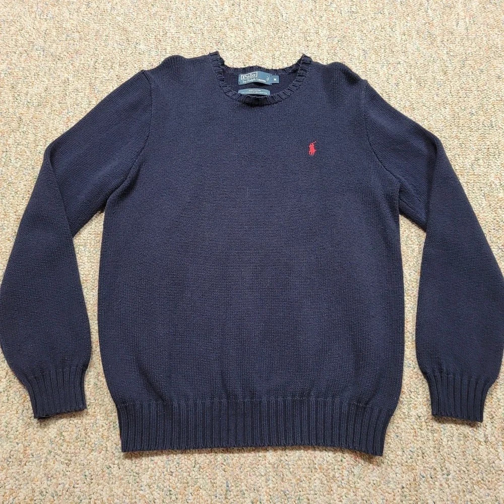 Polo Ralph Lauren Sweater Mens Medium Blue Knit Heavy Fisherman Cotton Pony Prep